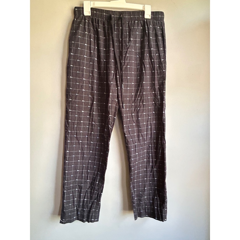 Lacoste Mens Sleepwear Pajama Pants Black Grid Crocodile Logo Size M